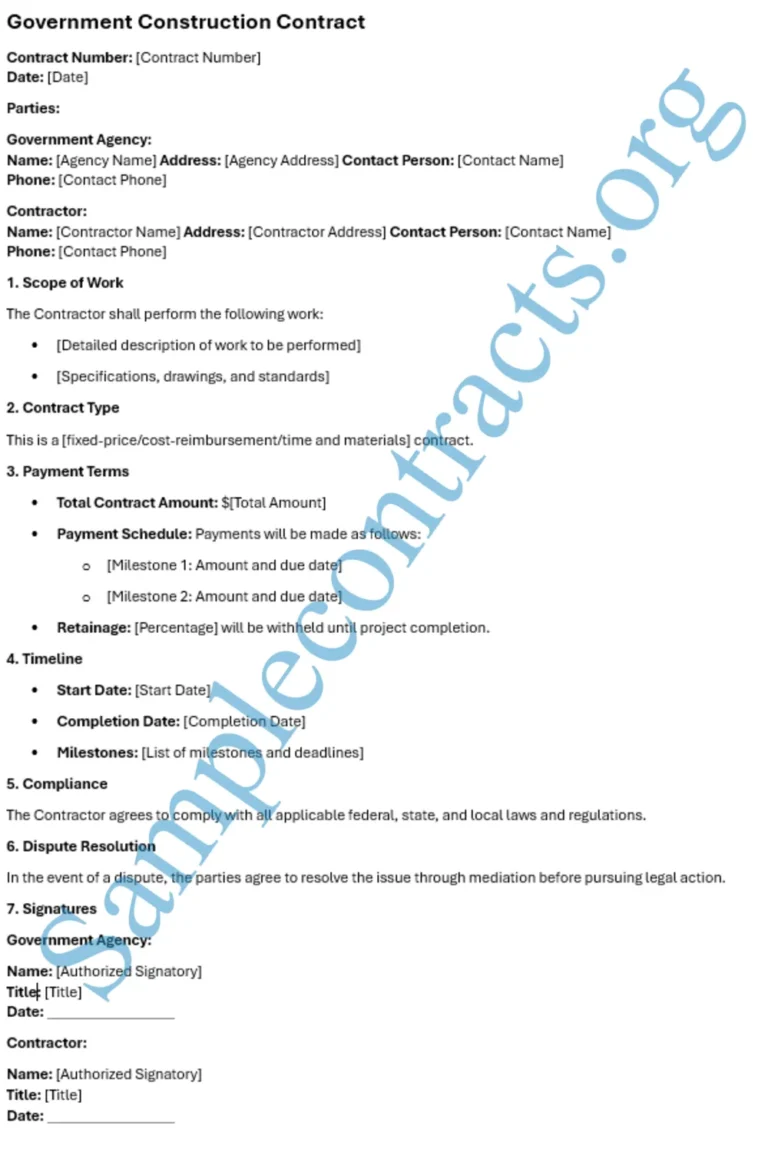 Sample government construction contract showcasing essential components and clauses.