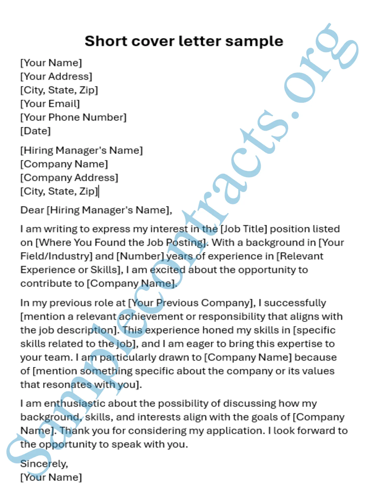 Image of a short cover letter sample in Word format.