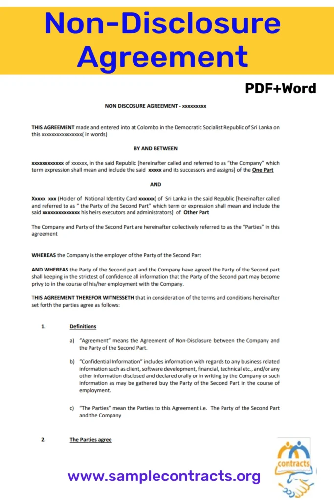 Illustration of a Non-Disclosure Agreement (NDA) available for download in both Word and PDF formats, emphasizing free access and professional quality.