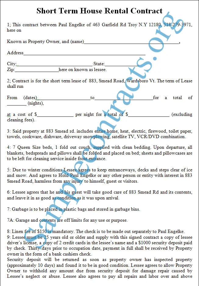 A document titled "Short-Term House Rental Contract" outlining terms for a temporary property rental.