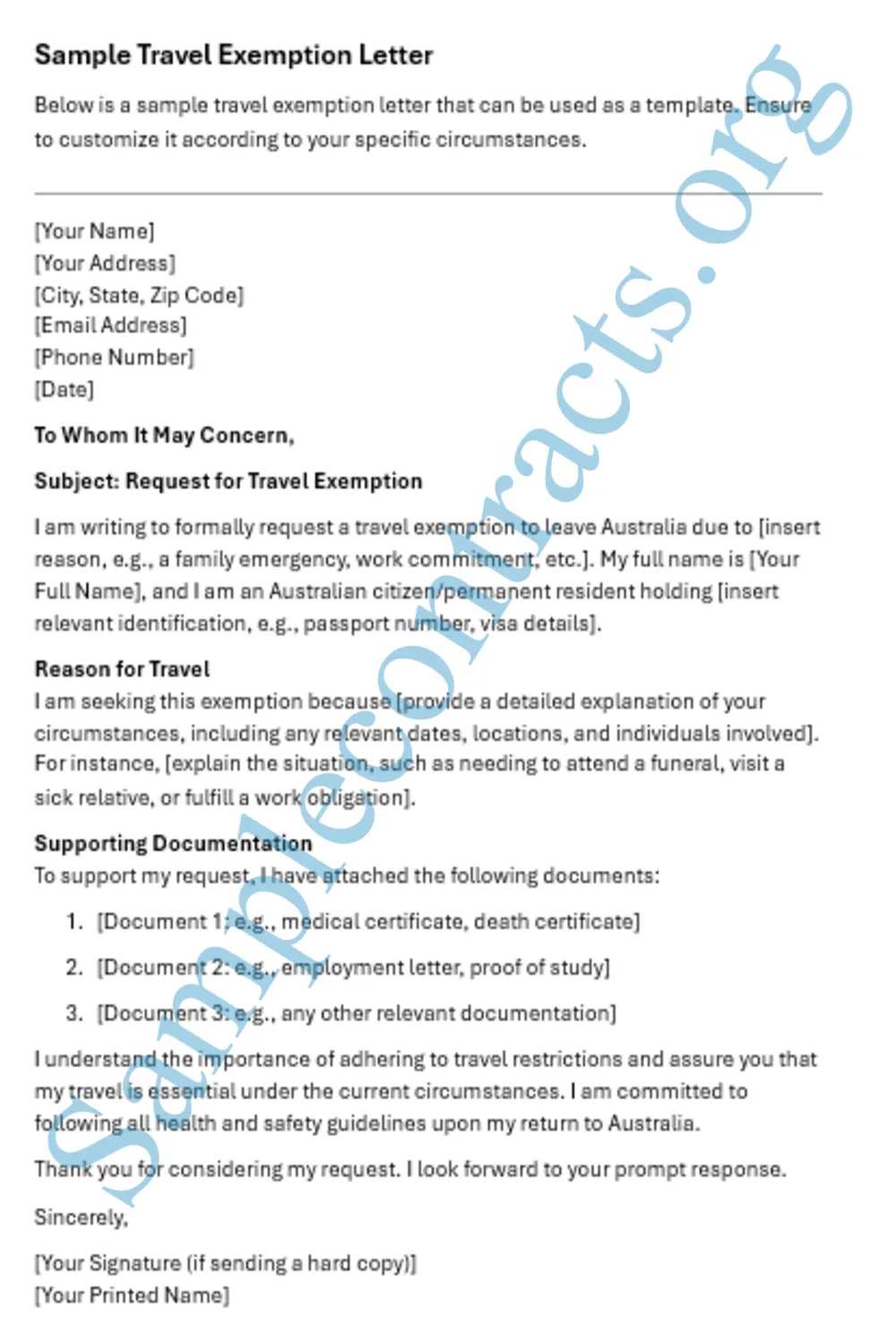 Image of a travel exemption letter sample for Australia.